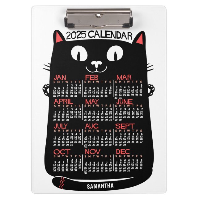 2025 Monatskalender Mittelalterliche Schwarze Katz Klemmbrett (Vorderseite)