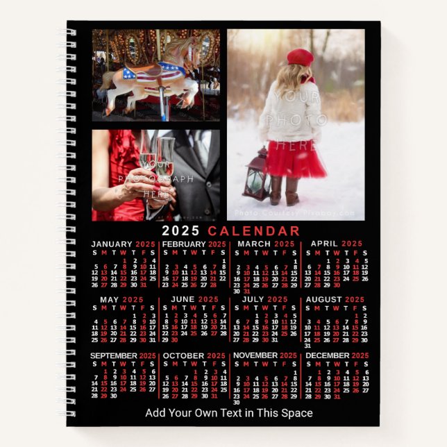 2025 Monatskalender Schwarz Custom 9 Fotos Notizbuch (Vorderseite)