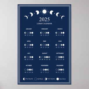 2025 Mondphasen-Lunarzyklen Dunkelblauer Kalender Poster