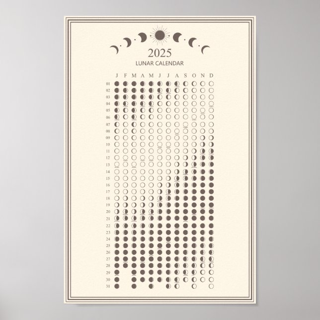 2025 Mondphasen-Lunarzyklen Minimalistischer Kalen Poster (Vorne)