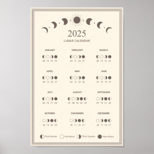 2025 Mondphasen-Lunarzyklen Minimalistischer Kalen Poster