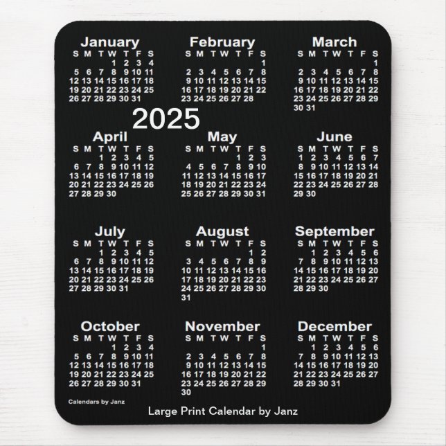 2025 Neon White Large Print Calendar von Janz Mousepad (Vorne)