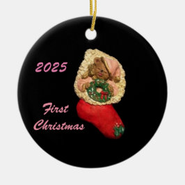2025 PINK PAJAMA STRUMPF BEAR FIRST XMAS KERAMIK ORNAMENT