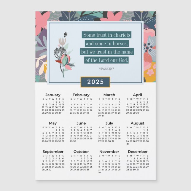2025 Psalm 20:7 Vertrauen in Gott Blumenkalender Magnetkarte (Vorderseite)
