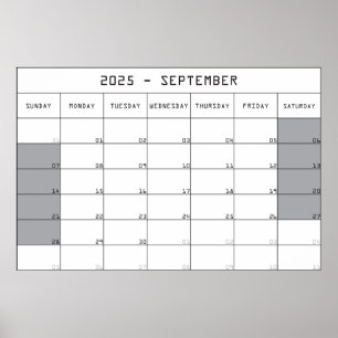 2025 September Planer Kalender große Notizen Raum Poster