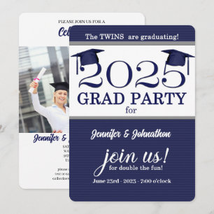 2025 Twin Graduate Blue Pinstripe Foto Abschluss Einladung