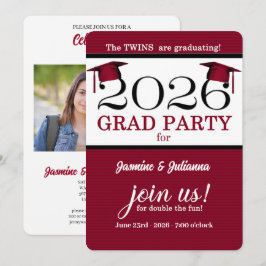 2025 Twin Graduate Red Pinstripe Foto Abschluss Einladung