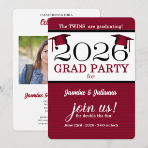 2025 Twin Graduate Red Pinstripe Foto Abschluss Einladung