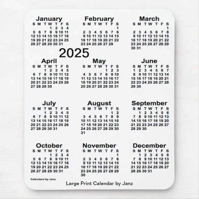 2025 White Large Print Calendar von Janz Mousepad Zazzle.ch