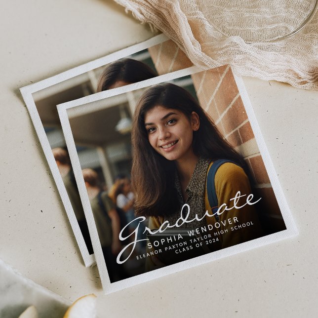 2025 White Script Foto Graduation Party Serviette (Von Creator hochgeladen)