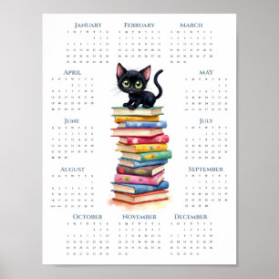 2026 1-Seiten-Kalender Schwarze Katze auf farbenfr Poster
