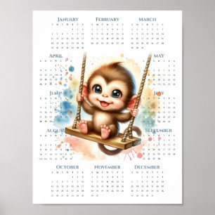 2026 1-Seiten-Kalender Süßer Affe auf Schaukel Dsc Poster