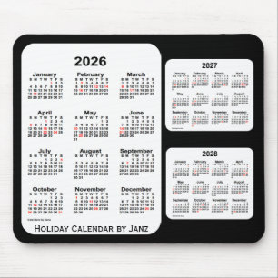 2026-2028 schwarzer 3-jähriger Feiertags-Kalender Mousepad