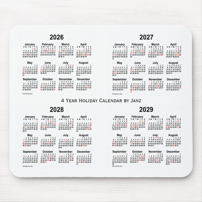 2026-2029 Weißer Feiertagkalender von Janz Mousepad (Vorne)