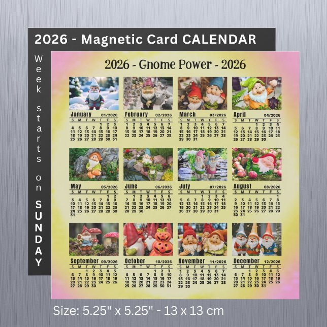 2026 Benutzerdefiniertes Foto Gnome Kalender Sonnt Magnetkarte (Von Creator hochgeladen)