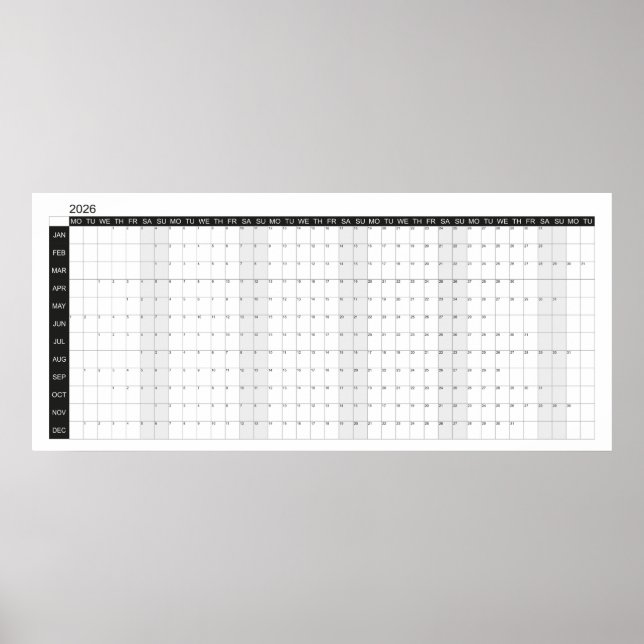 2026 Big Wall Black and White Planner  Poster (Vorne)