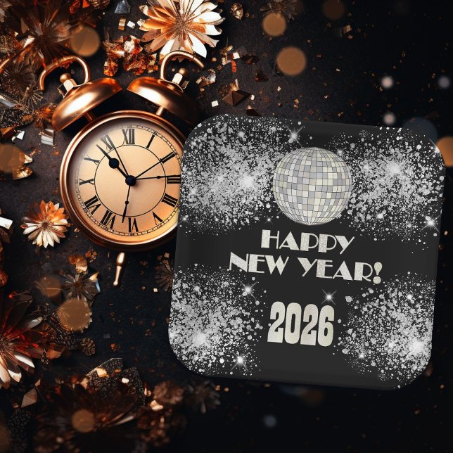 2026 Black Silver Glitter New Year's Eve Party  Pappteller (Von Creator hochgeladen)