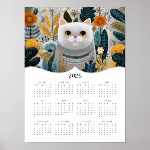 2026 Boho Abstrakt Cat Art Full Year Calendar Poster