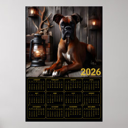 2026 Boxer Dog Calendar – Rustic Cabin Portrait Poster