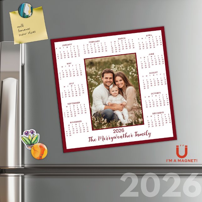 2026 Burgund Maroon Foto Magnetischer Kalender Magnetkarte (2026 Burgundy Maroon Photo Magnetic Calendar)