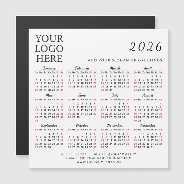 2026 Business Calendar Magnet Company Logo Simple (Devant / Derrière)