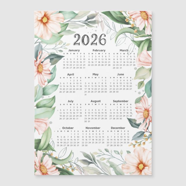 2026 Calendar Aquarell Eukalyptus Orange Floral Magnetkarte (Vorderseite)