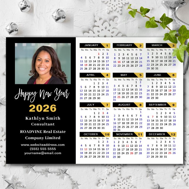 2026 Calendar Black Gold Business Foto Magnetic Magnetkarte (Von Creator hochgeladen)