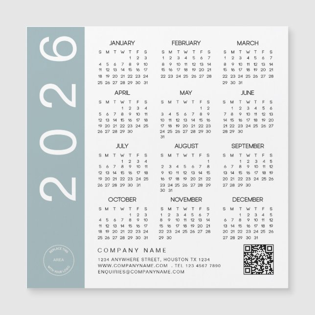 2026 Calendar Blue Border QR Code Company Logo Magnetkarte (Vorderseite)
