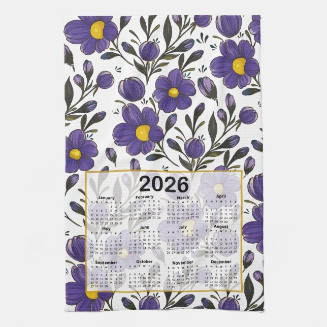 2026 Calendar Blue Violet Blume mit Blätter Geschirrtuch (Vertikal)