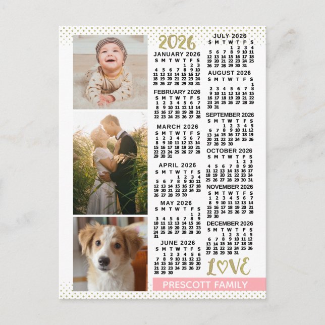 2026 Calendar Blush Pink Gold Family Photo Collage Postkarte (Vorderseite)