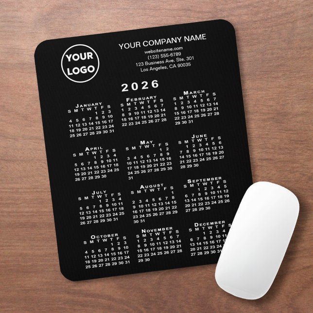 2026 Calendar Business Logo and Text Black Mousepad (2026 Calendar Business Logo and Text Black Mouse Pad, in situ)