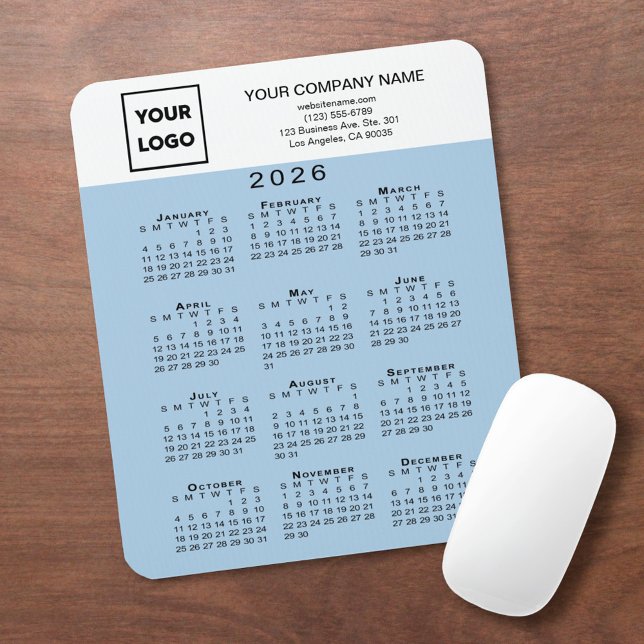 2026 Calendar Business Logo Text Light Blue Mousepad (2026 Calendar Business Logo Text Light Blue Mouse Pad, in situ)