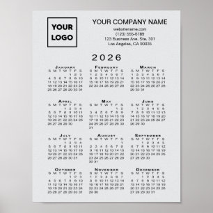 2026 Calendar Business-Logo und Text leicht grau Poster