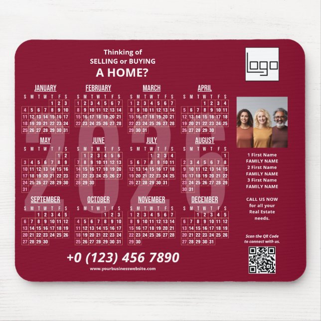 2026 Calendar Company Logo QR Code Burgundy Foto Mousepad (Vorne)
