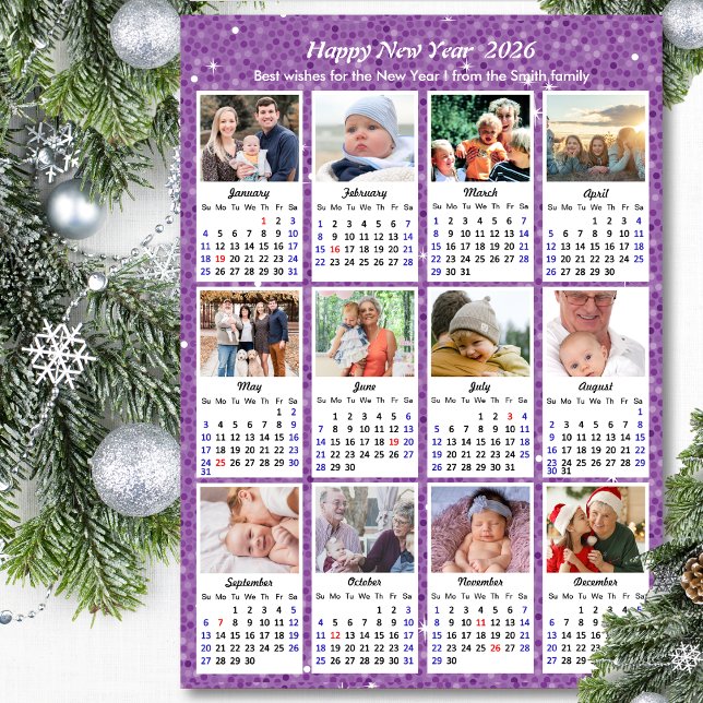 2026 Calendar Family Foto Moderner Lila Glitzer Magnetkarte (Von Creator hochgeladen)