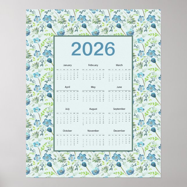 2026 Calendar Full Year Blue Floral Poster (Vorne)