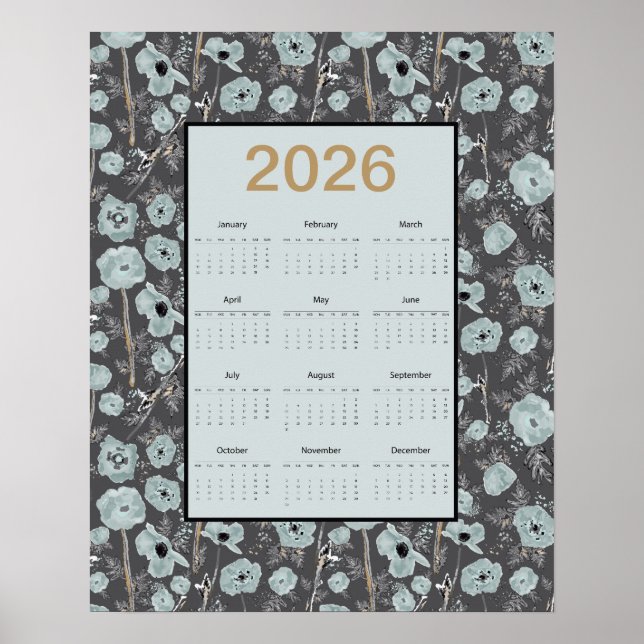2026 Calendar Full Year Blue Gray Poppies Poster (Vorne)