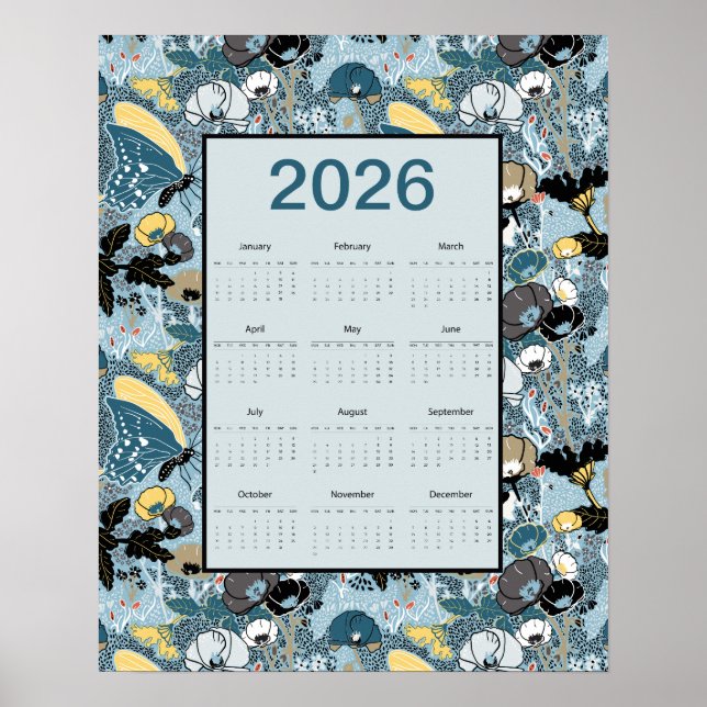 2026 Calendar Full Year Floral Butterflies Poster (Vorne)