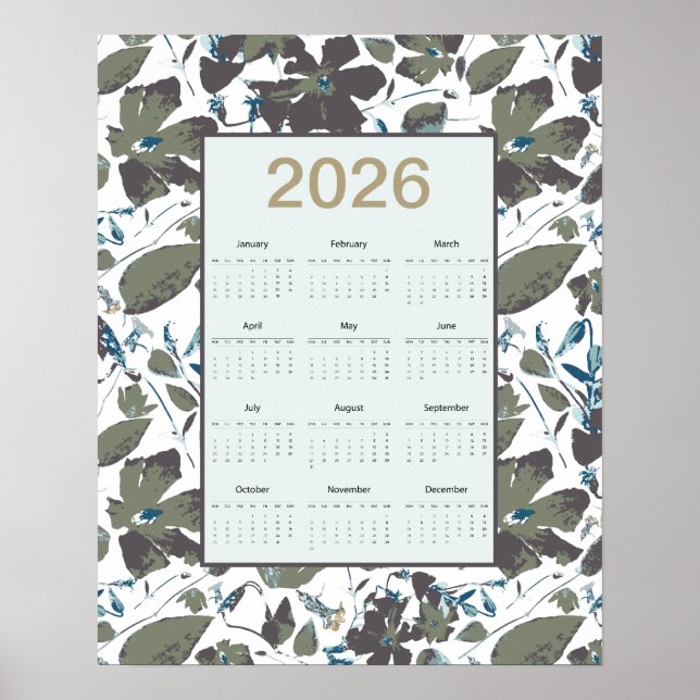 2026 Calendar Green Blue Clematis Floral Poster (Vorne)