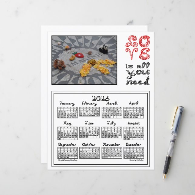 2026 Calendar Imagine Peace Photo Love Fabric Font (Vorderseite/Rückseite Beispiel)