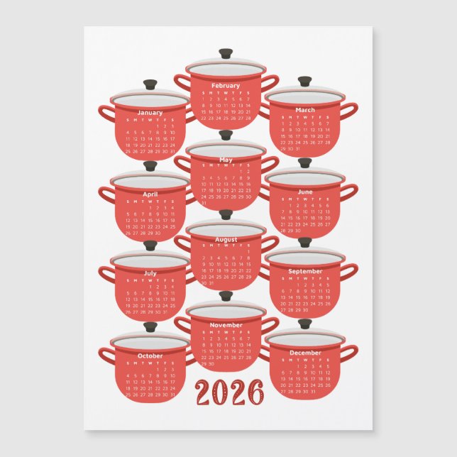 2026 Calendar Küche Rotes Kochgeschirr Magnetkarte (Vorderseite)
