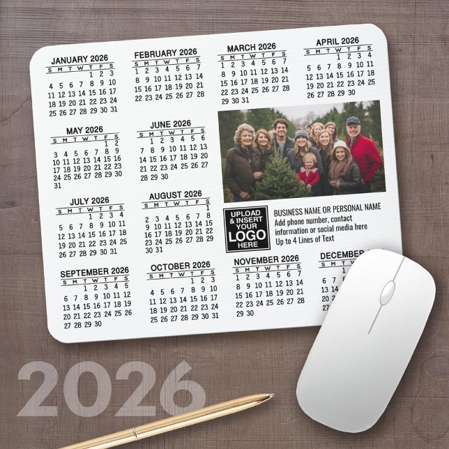 2026 Calendar - logo, photo business Mousepad (2026 Calendar on a Mousepad)