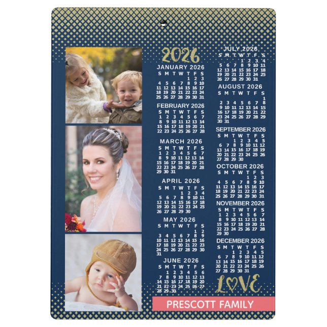 2026 Calendar Navy Coral Gold Family Photo Collage Klemmbrett (Rückseite)