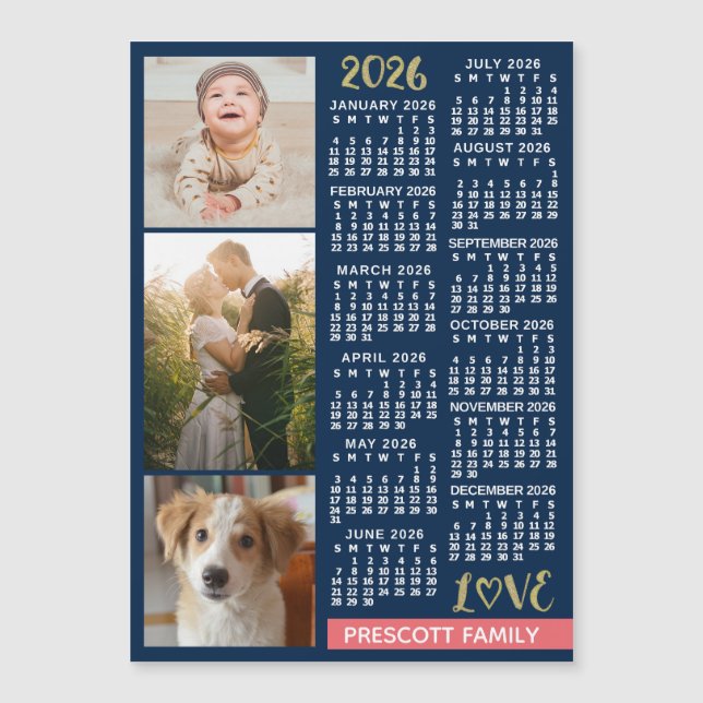 2026 Calendar Navy Coral Gold Photo Collage Magnet (Vorderseite)