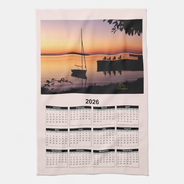 2026 Calendar of a Sunset on Lake with Silhouette  Geschirrtuch (Vertikal)