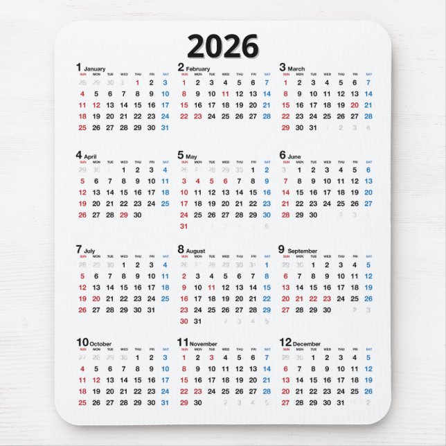2026 Calendar On White Mousepad (Vorne)