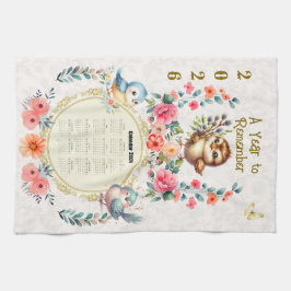 2026 Calendar Towel Cute Folk Floral Birds  Geschirrtuch