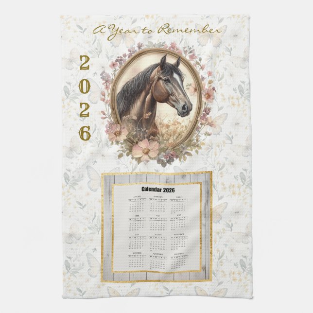 2026 Calendar Towel  Floral Horse and Butterfly Geschirrtuch (Vertikal)