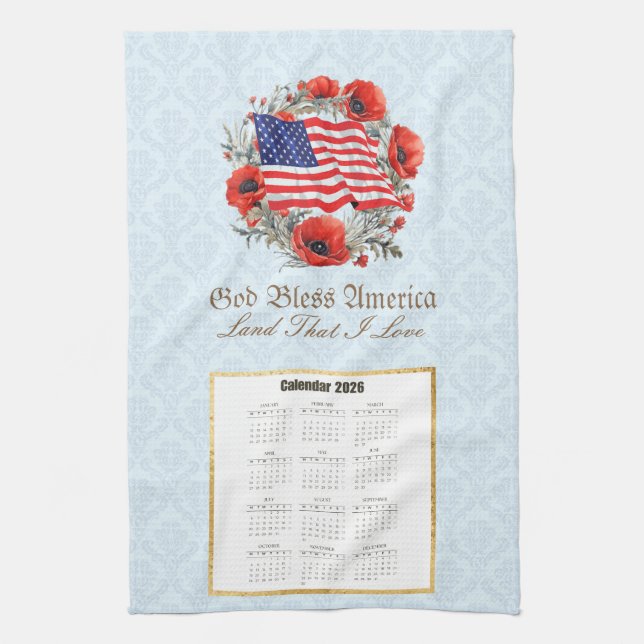 2026 Calendar Towel God Bless America Flag Poppies Geschirrtuch (Vertikal)