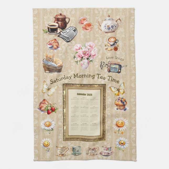 2026 Calendar Towel Saturday Morning Tea Time Geschirrtuch (Vertikal)